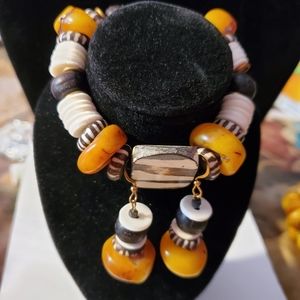 African Batik Bone Black Wood Tibet Amber Resin Brown Stretch Bracelet Earrings